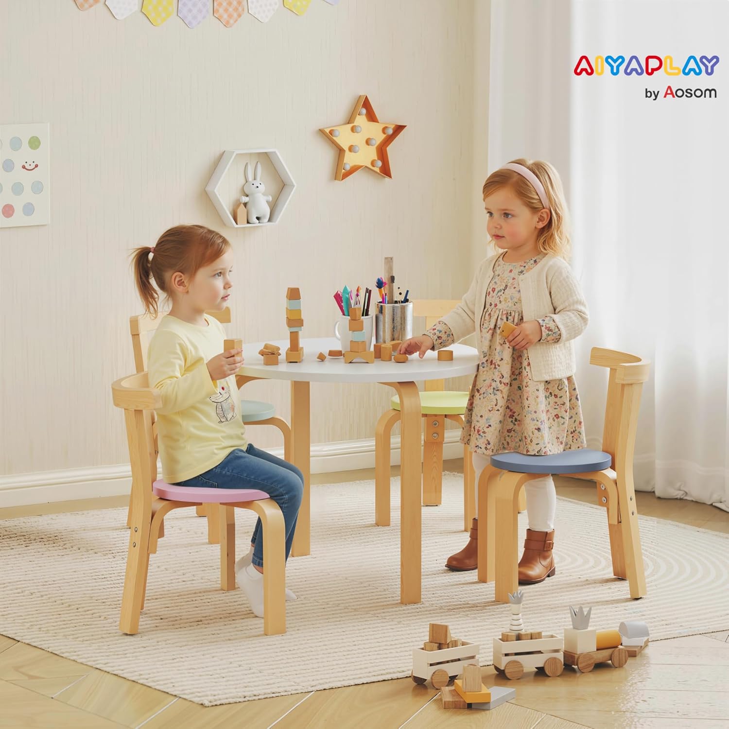 AIYAPLAY Kindertisch Holz mit 4 Stühlen 5-teilig Kinder Tisch Stuhl Set Kindersitzgruppe Sitzgruppe für Kinderzimmer, für 3-8 Jahre Kinder, Bunt