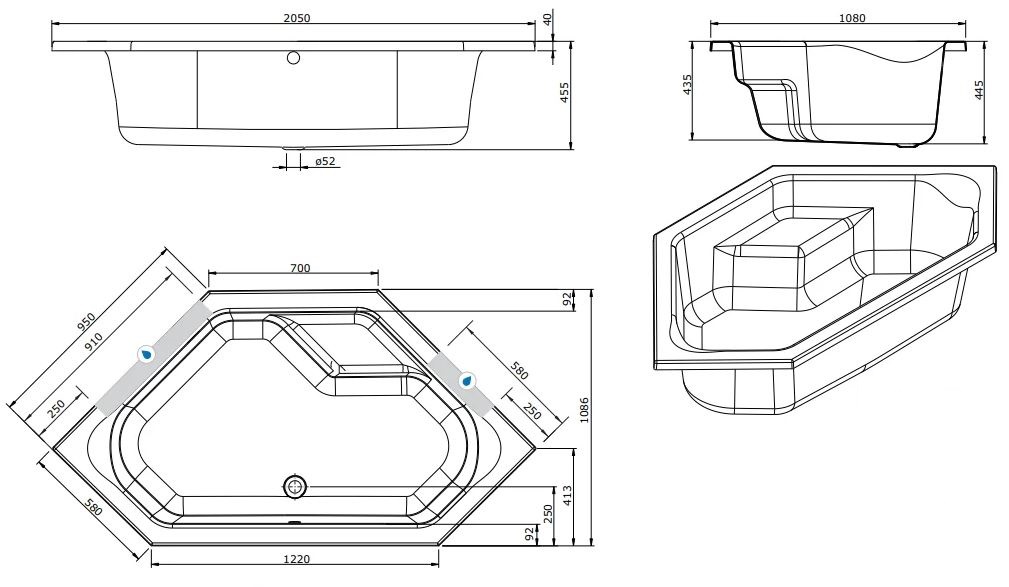 Lambini Designs Venetië Bubbelbad 145x145cm 6 4 2 hydro en 12 aero jets