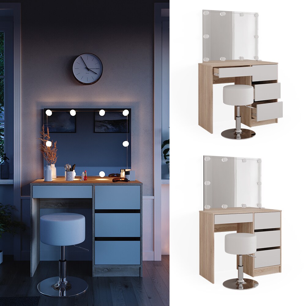 Vicco Schminktisch Sherry Sonoma Weiß, 90 x 75 cm, Spiegel, LED & Hocker, modern