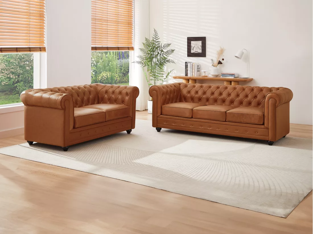 Canapé 3 places et 2 places en cuir de vachette camel CHESTERFIELD