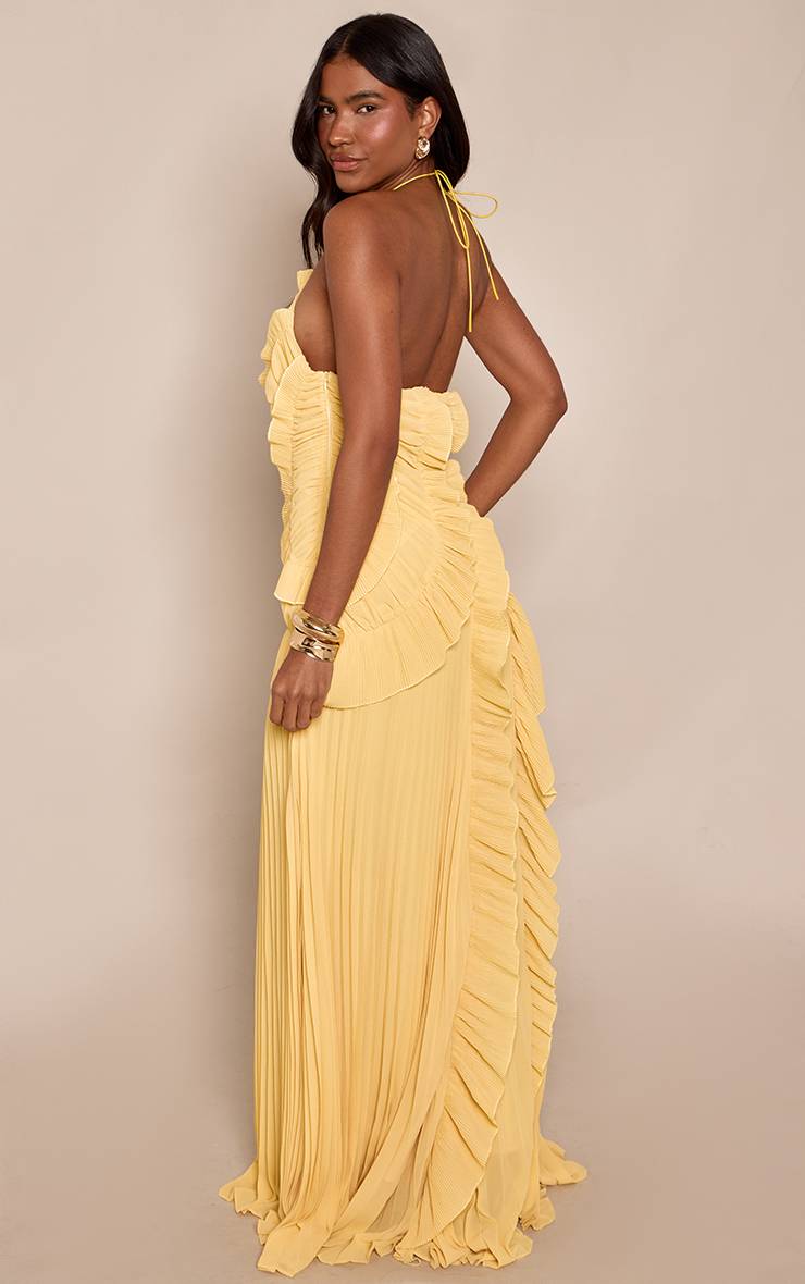 Citron Robe Longue À Col Licou Avec Volant Plissé