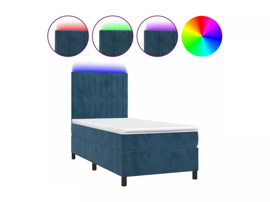 Sommier tapissier et matelas et LED Bleu foncé 90x190cm Velours