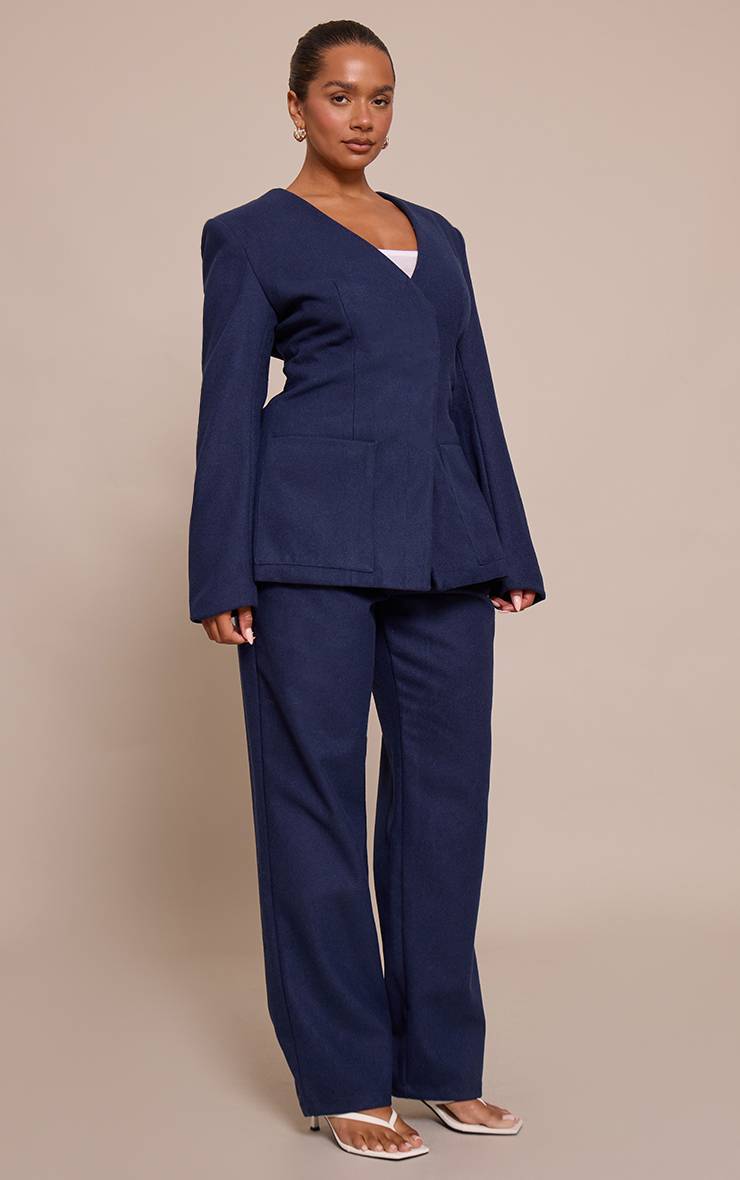 Bleu Marine Ensemble Blazer Croisé Ajusté Effet Laine Shape