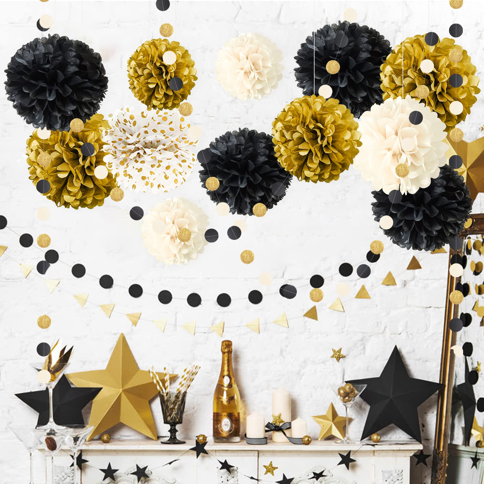 (15-tlg. Set) Papier Pompon's Deko Kreis Girlande Party / Geburtstag / Hochzeit - Schwarz / Gold / Beige