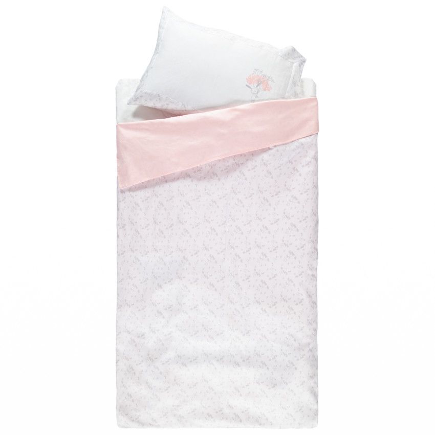 Set housse de couette et taie d'oreiller imprimé lapin et fleurs - Ecru