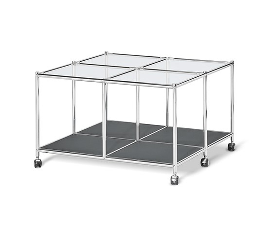 Couchtisch mit Rollen, Metall Glas