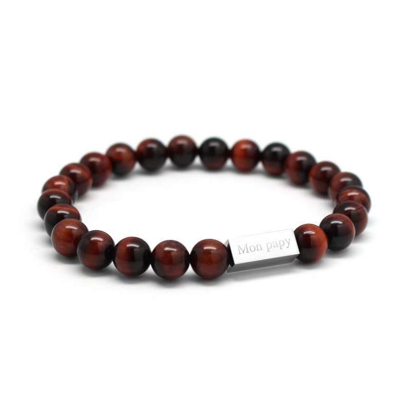 Bracelet perles oeil de taureau homme - gravure MON PAPY