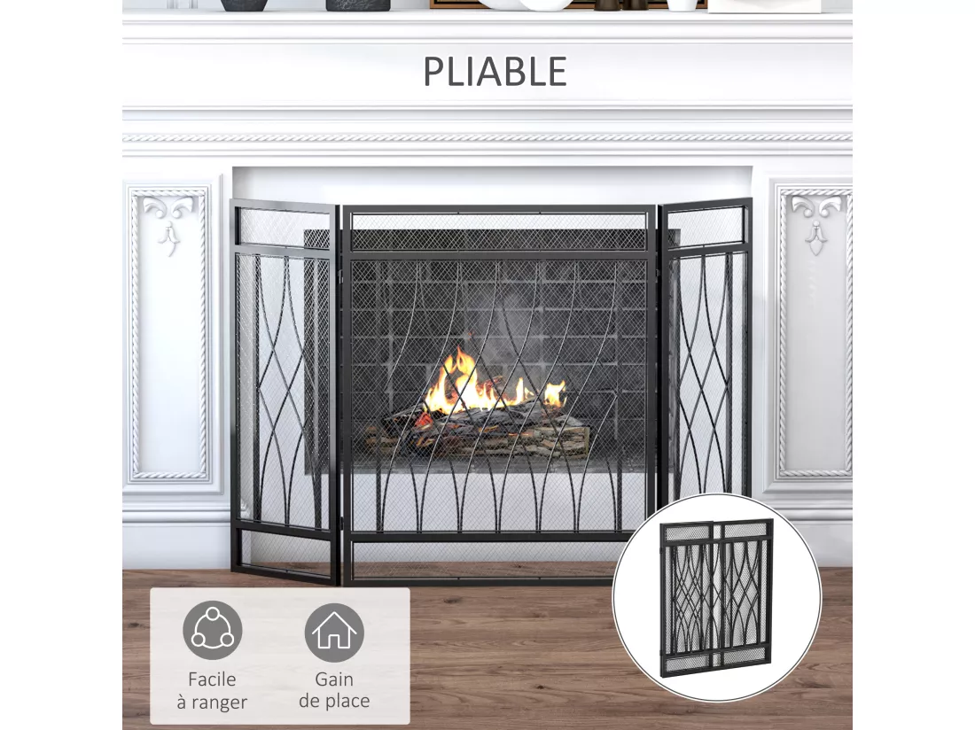 Grille de protection pour cheminée - pare-feu large pour cheminée ou poêle - pare-étincelles - barrière de sécurité - 3 volets pliables - métal noir