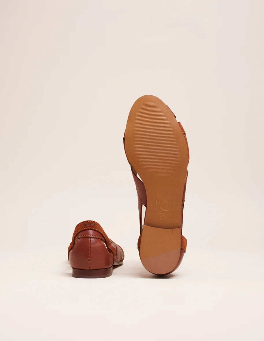 Sandales plates Clémentine - Cuir et suède cognac
