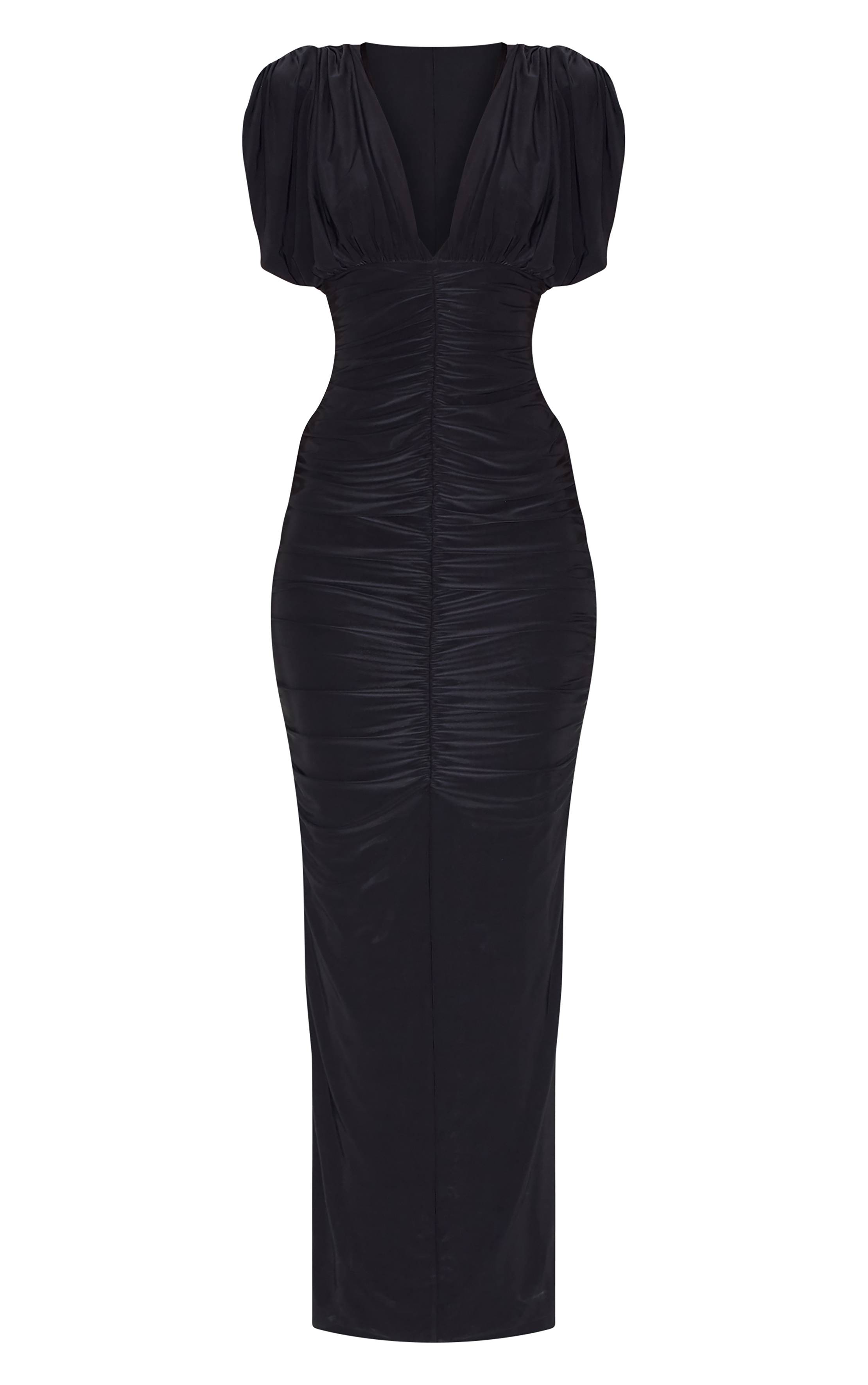 Noir Robe Maxi Froncée À Manches Chauve-souris En Tissu Slinky Double Couche