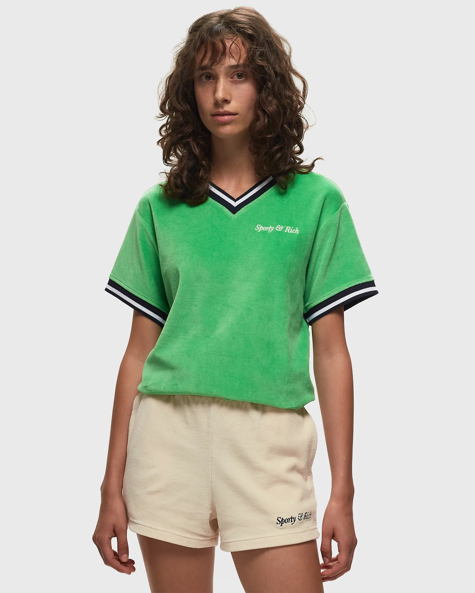 Sporty & Rich Italic Logo Embroidered V-Neck Tee