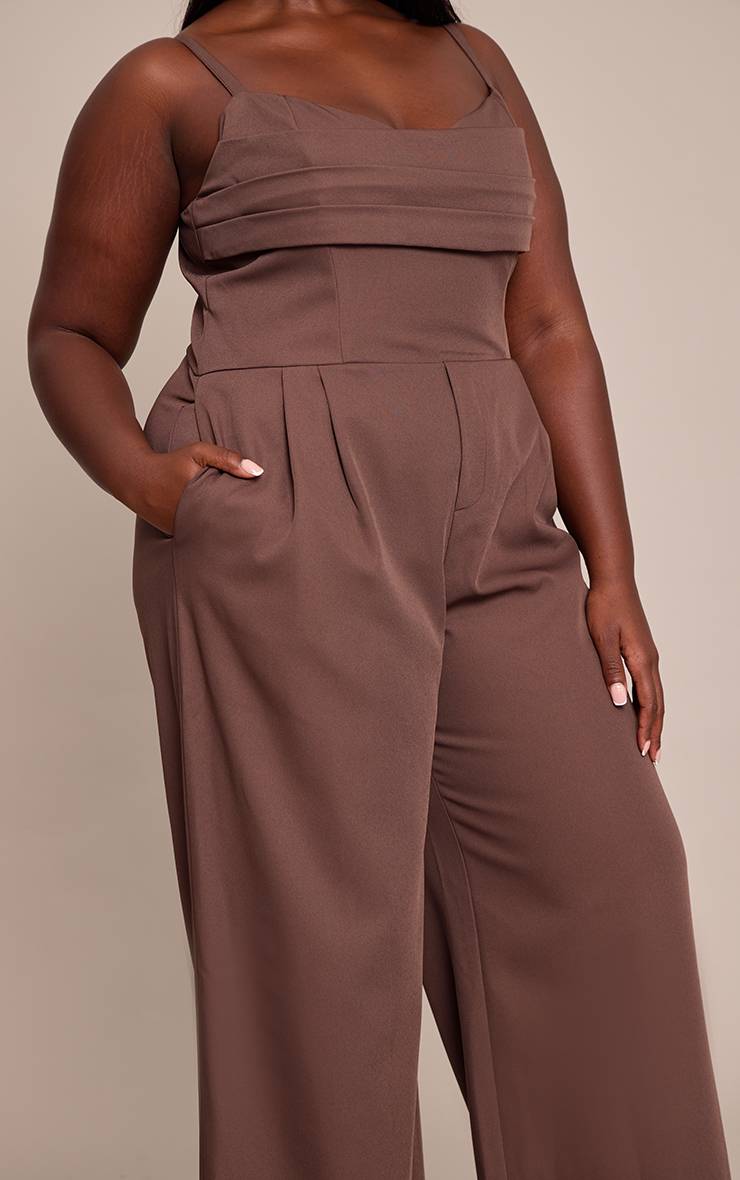 Chocolat Combinaison Pantalon Large Grande Taille Avec Détails De Panneaux Ajustés
