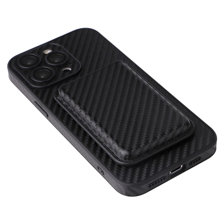 iPhone 15 Pro Max MagSafe 2in1 Leder Hülle Wallet Case mit Magnetischem Kreditkartenfach im Carbon Look - Schwarz