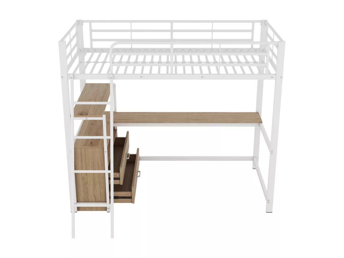 Lit mezzanine 90 x 200 cm avec bureau en L - 2 tiroirs et étagère - Métal+MDF - Sommier à lattes - Blanc (sans matelas)