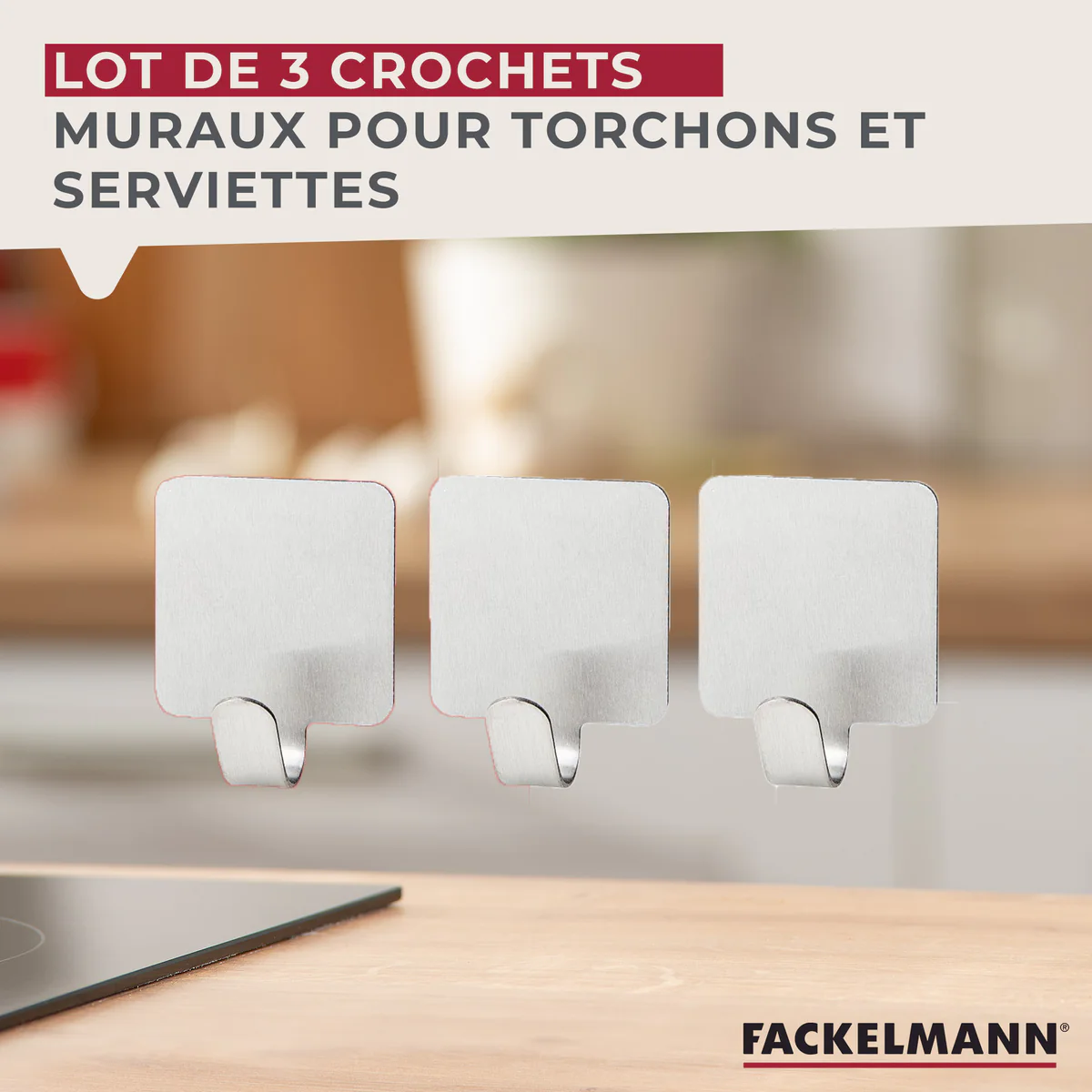 Lot de 3 crochets adhésifs carrés en acier inoxydable Tecno Fackelmann
