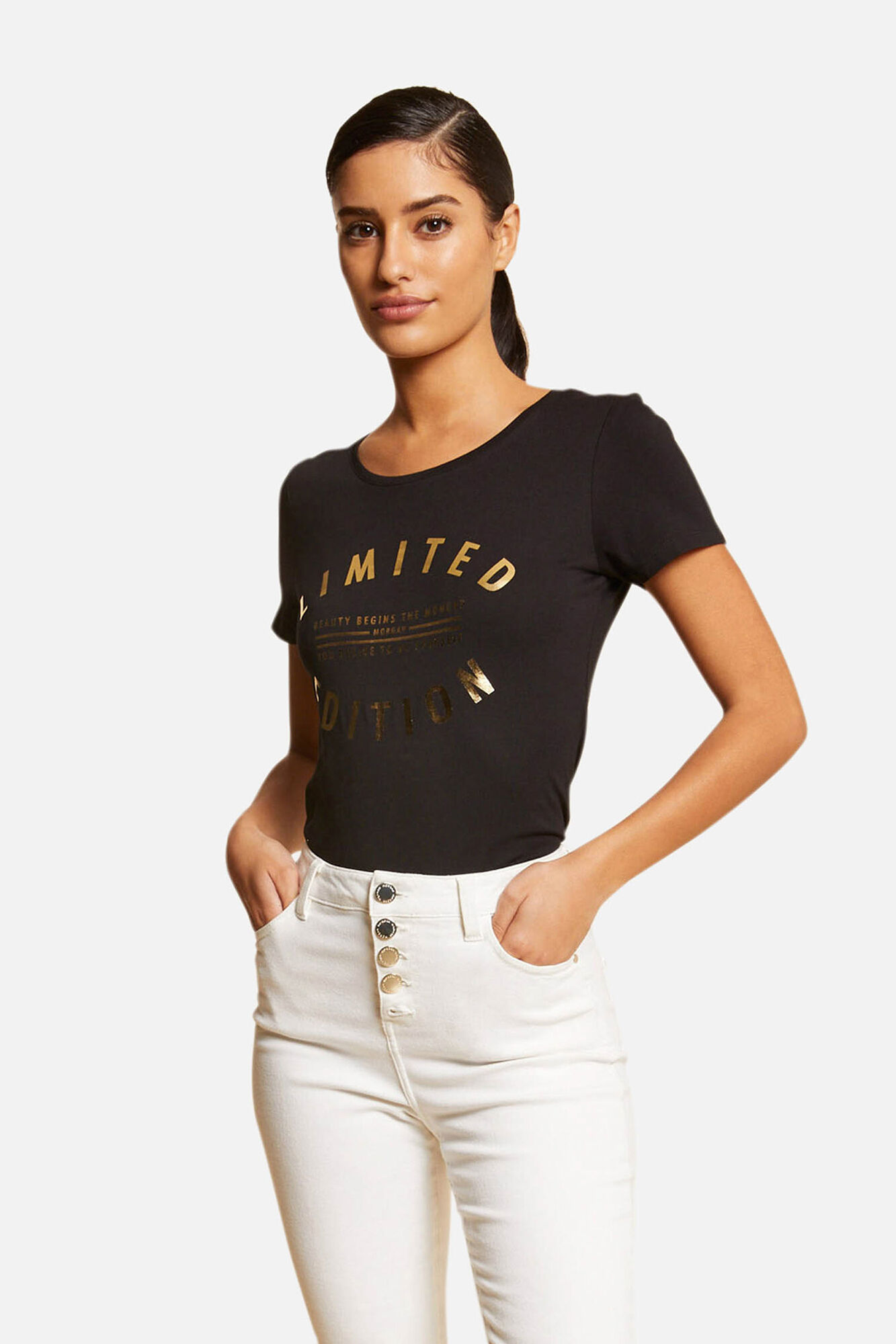 Camiseta de manga curta com mensagem - Preta