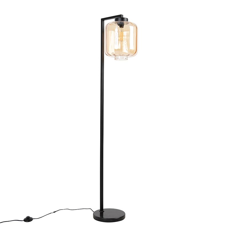 Design vloerlamp zwart met amber glas - Qara Down