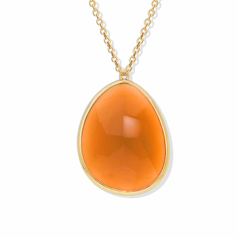 Collier Sautoir Argent Dore Gros Galet Orange