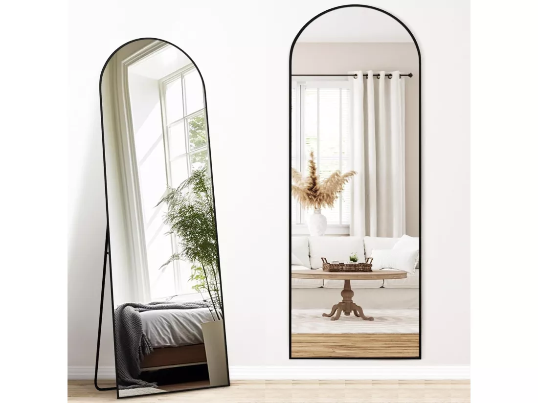 Miroir pleine longueur 165 x 60 cm, sur pied, suspendu ou appuyé, grand miroir de sol avec cadre en alliage d'aluminium noir pour salon ou chambre à coucher, Arc