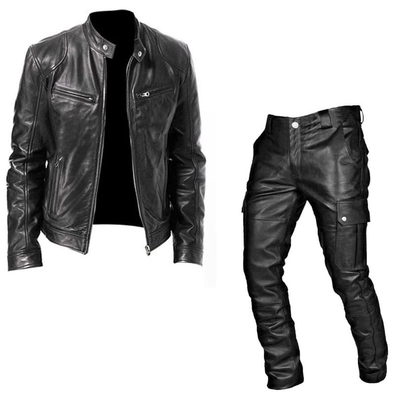 Sheck - Set: Opstaande kraag, effen imitatieleren bikerjack met rits + rechte cargobroek met middelhoge taille