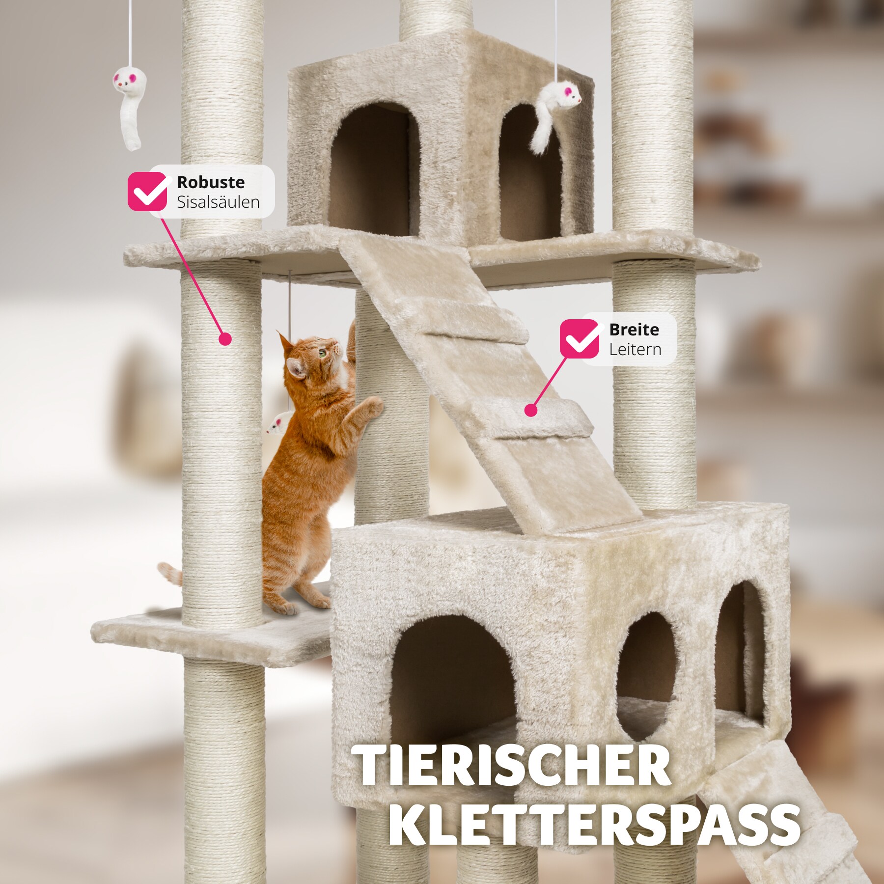 tectake® Kratzbaum, 186 cm, mit 2 Katzenhäusern, inklusive 2 Treppen, 4 Spielmäusen und Kippschutz