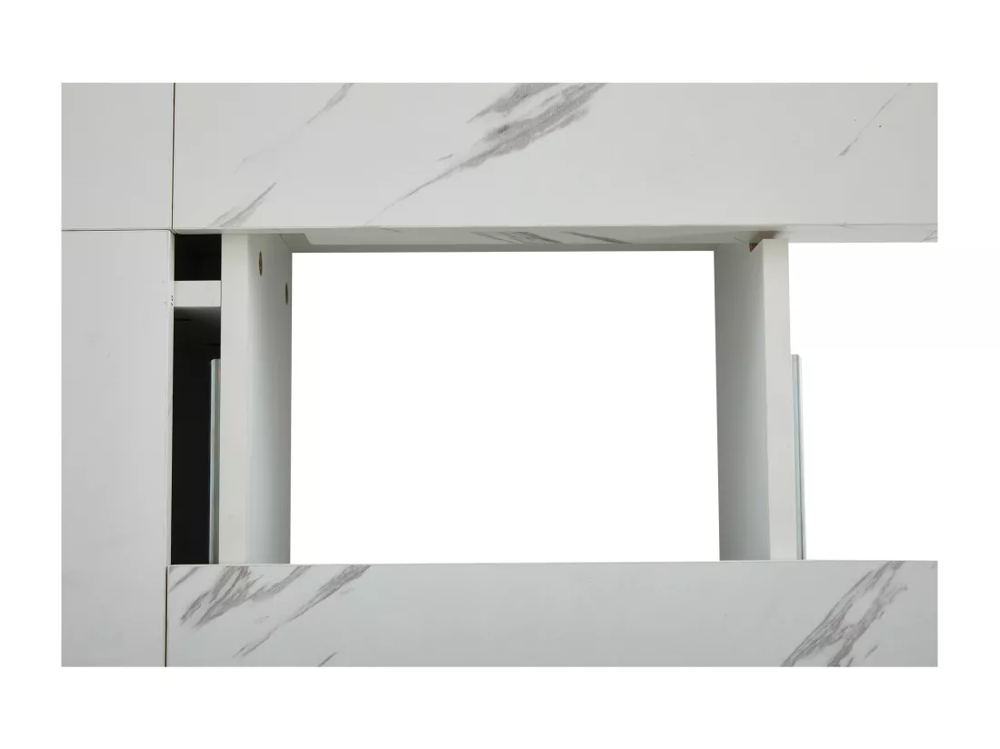 Table basse carrée moderne blanche effet marbre 4 tiroirs plateau coulissant 90x90x25cm Khekried