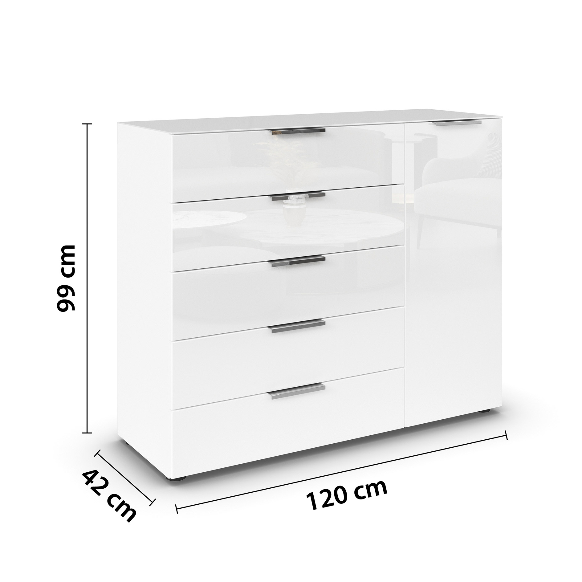 Kommode - alpinweiß-Kristallweißglas - Chromgriffe - 120 cm