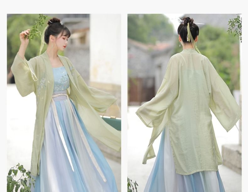 Francoix - Hanfu-gewaad met bloemenborduursel / camisole-top / maxi-rok met hoge taille en kleurverloop / set