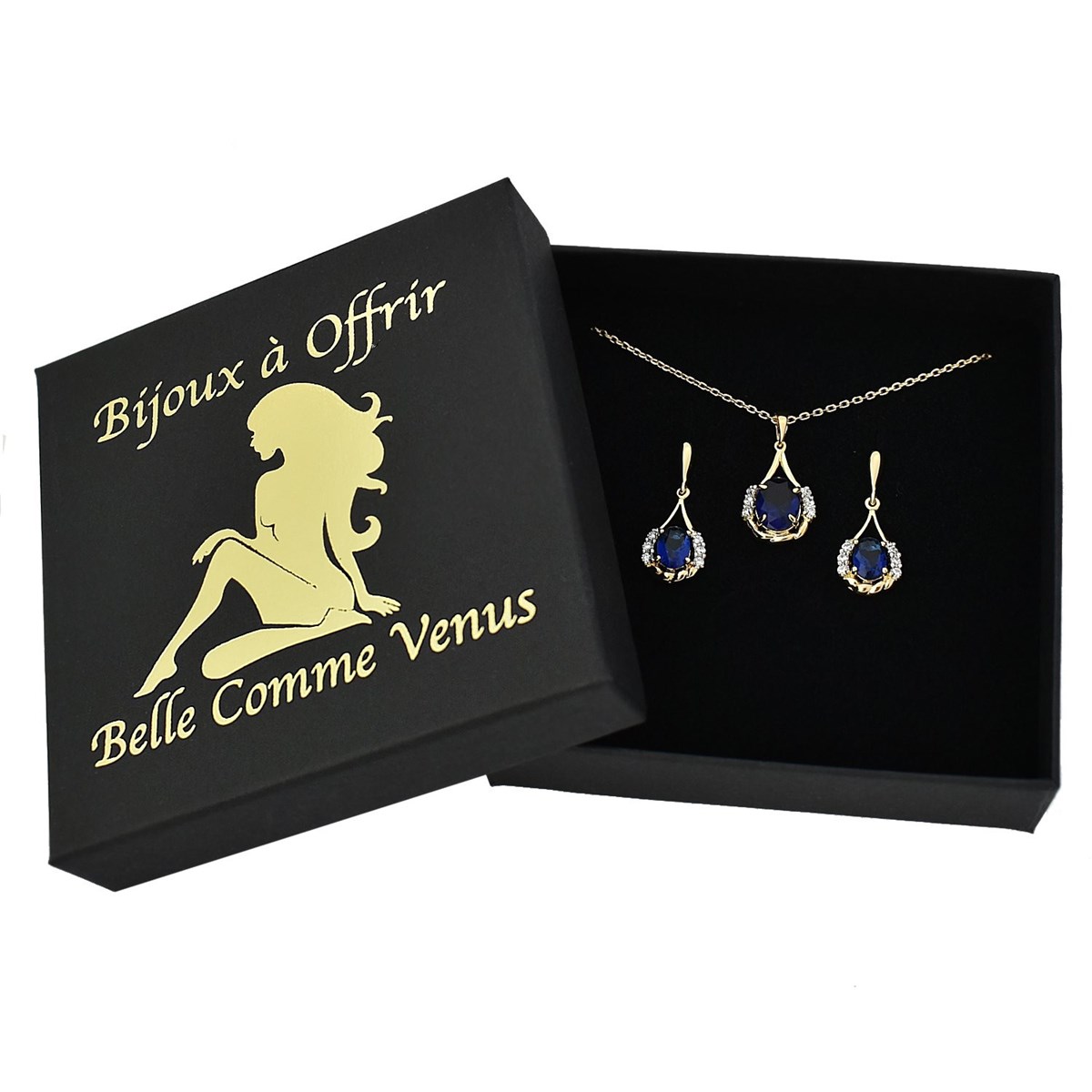 Parure goutte oxyde de zirconium bleu roi Plaqué OR 750 3 microns