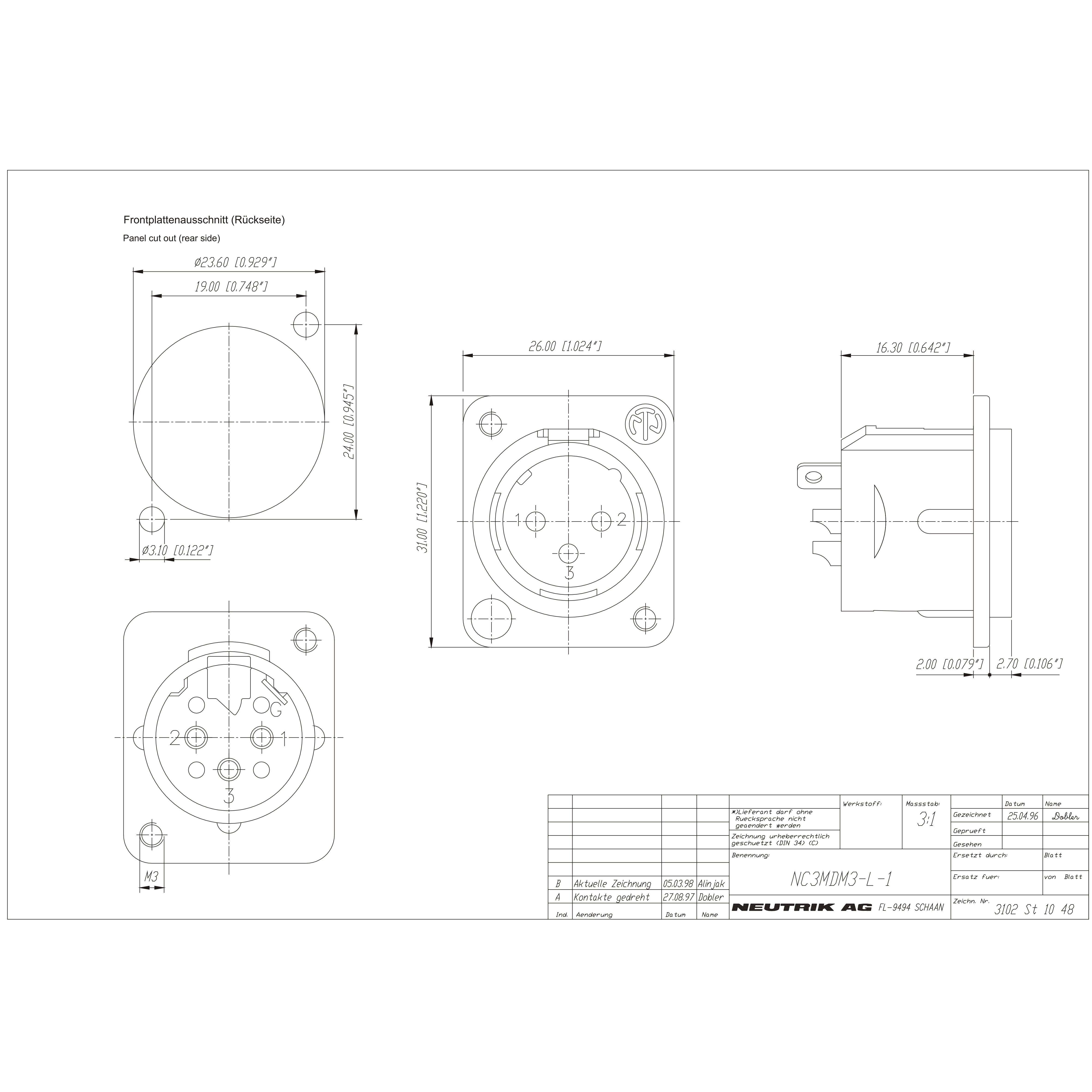 Neutrik NC3MDM3-L-1 XLR chassisdeel 3p male