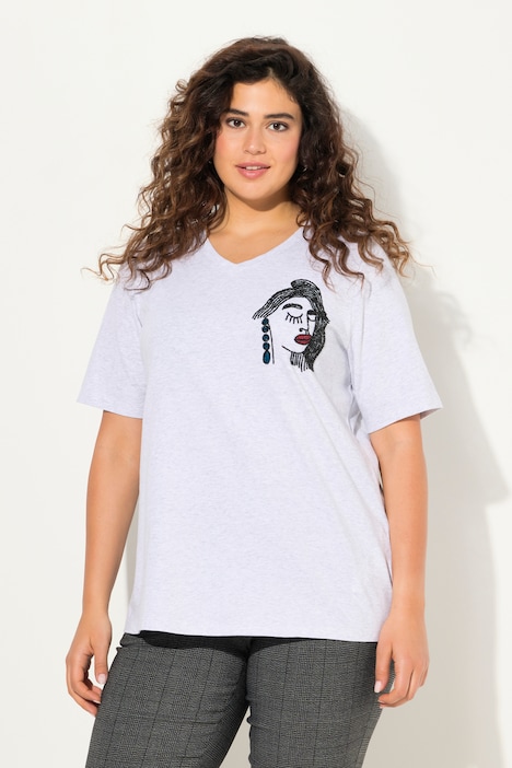 T-Shirt, Stickerei, Classic, V-Ausschnitt, Halbarm