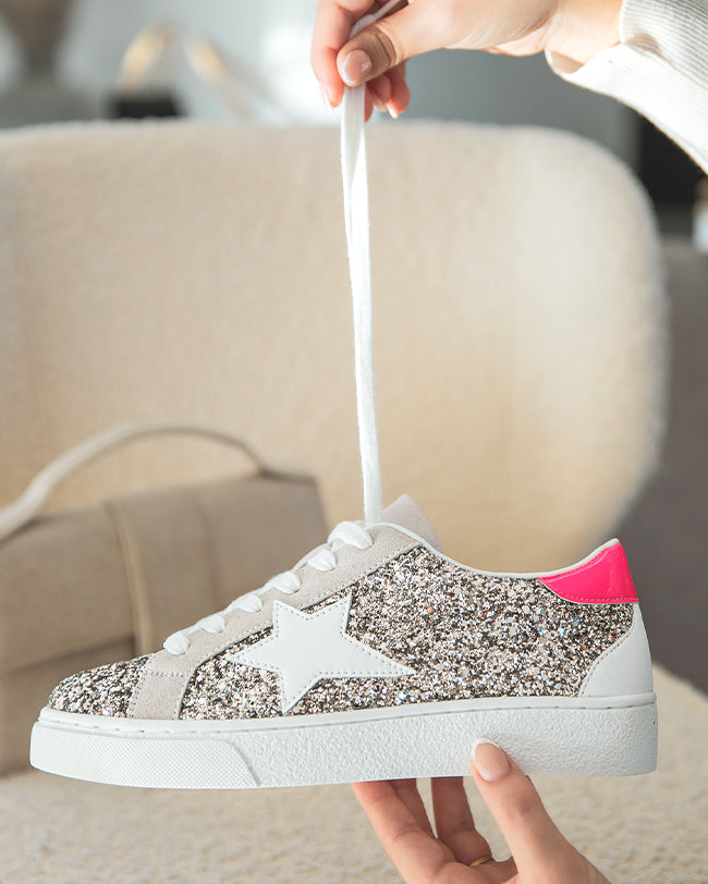 Basket femme rose étoile paillettes à lacets - Vera