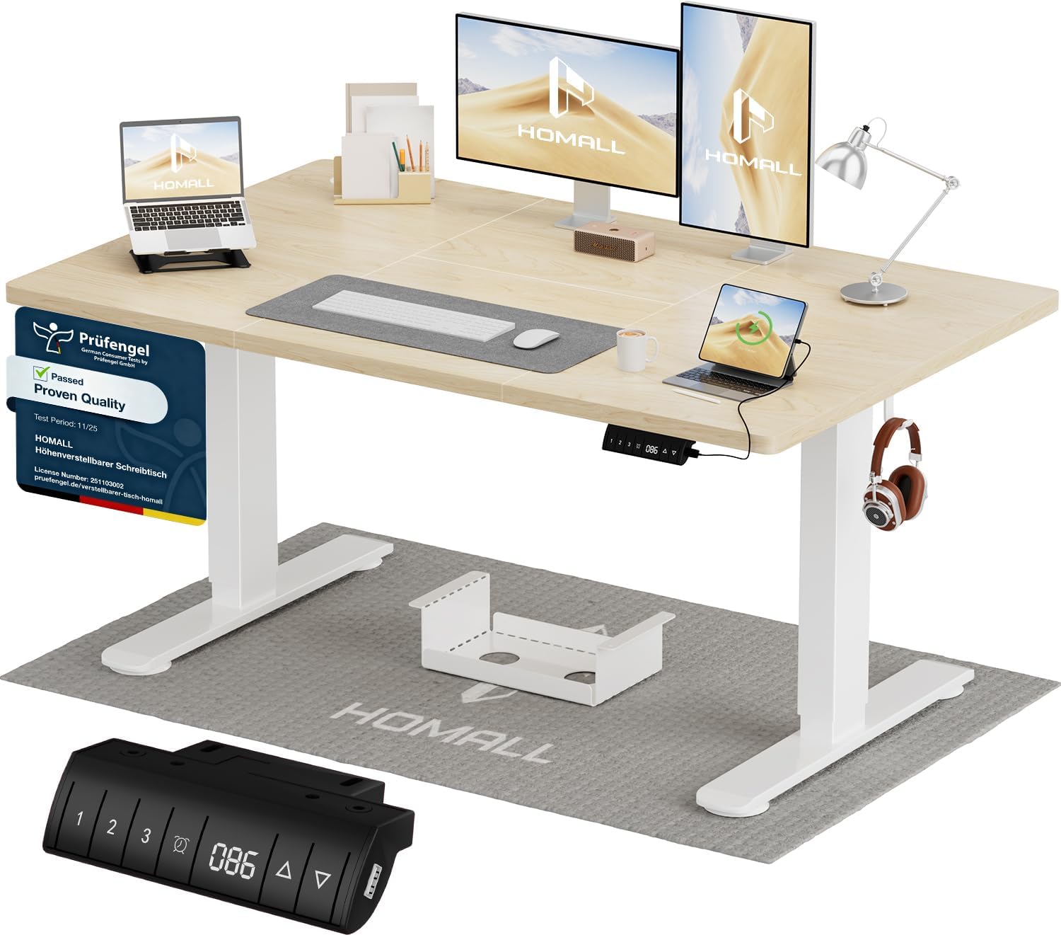 Homall Höhenverstellbarer Schreibtisch 120x70cm mit USB-A Ladeanschluss, Elektrischer Schreibtisch mit Kabel Management Tray, Standing Desk mit 3 Memory Funktion, Computertisch Beige