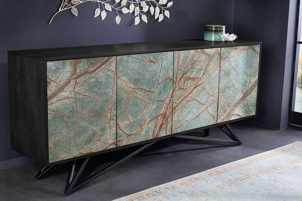Massivholz Sideboard MOUNTAIN SOUL 175cm echter Naturstein schwarz Akazie Anrichte