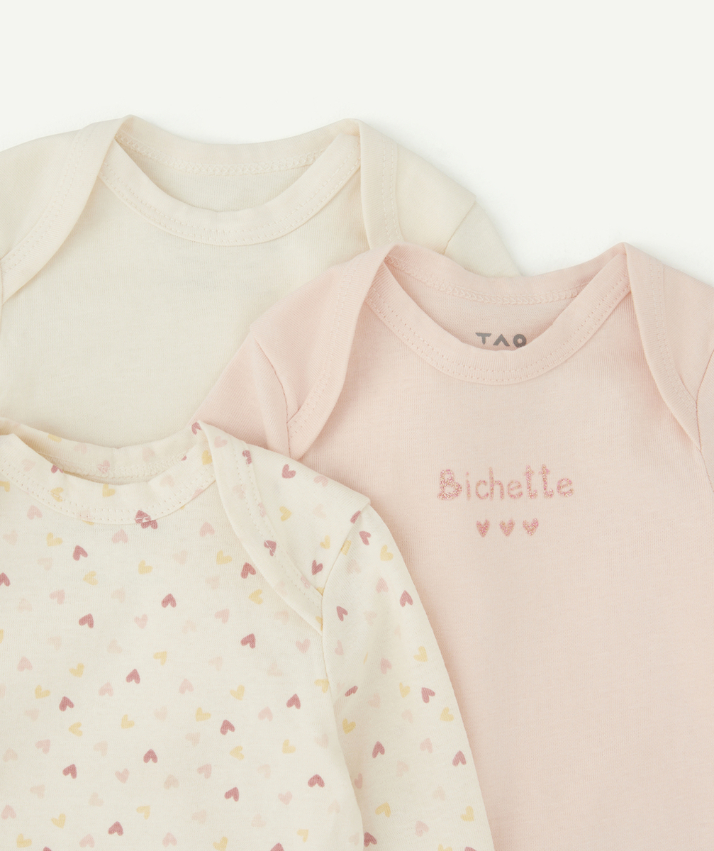 LOT DE 3 BODIES BÉBÉ EN COTON BIO AVEC MESSAGE ET IMPRIMÉ COEURS