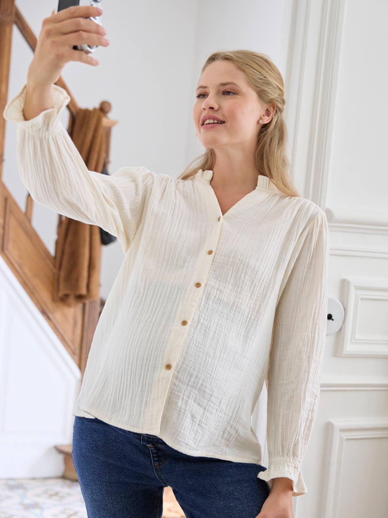Blusa de chiffon de algodão verde pinho para gestantes e lactantes.