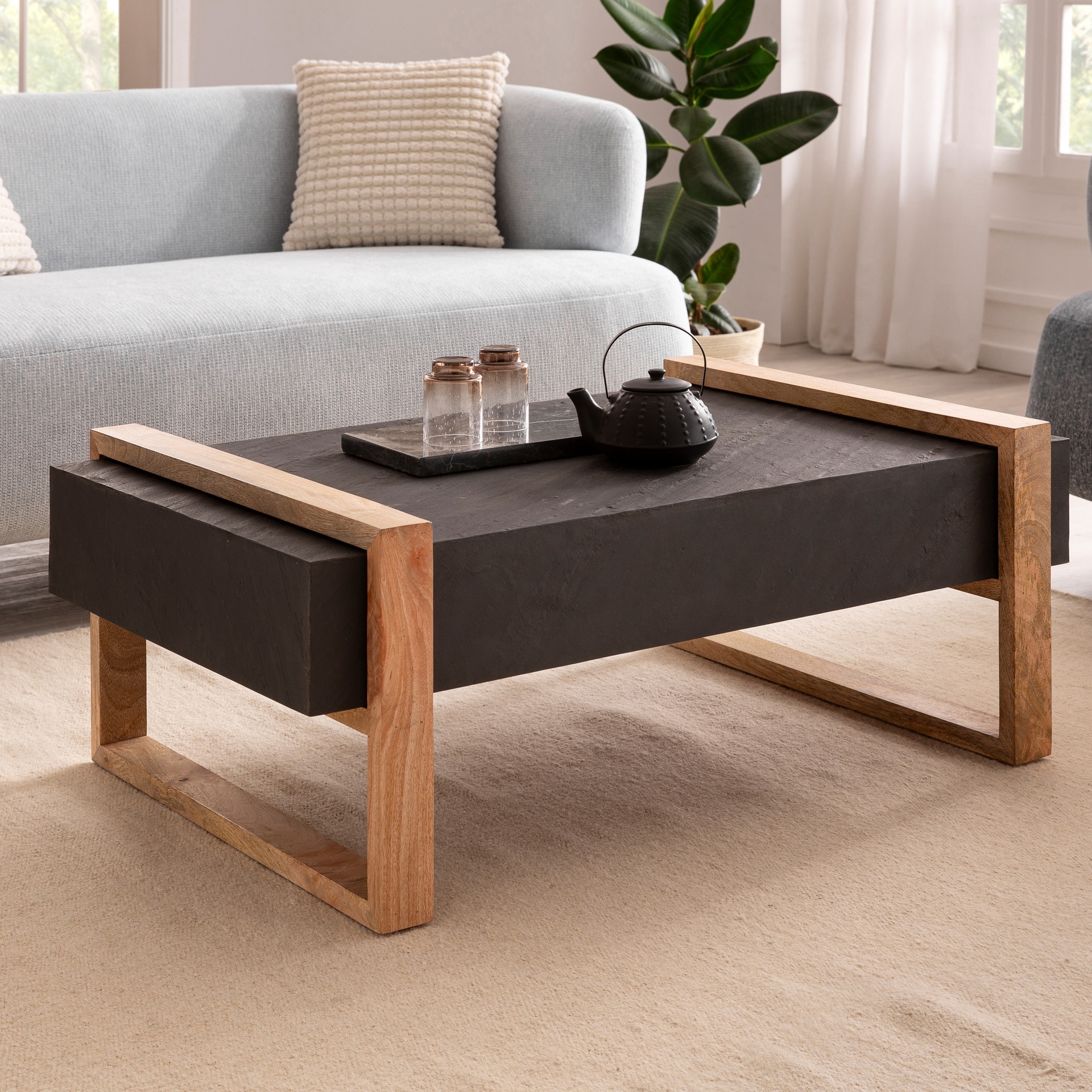 Couchtisch 105x40x66 cm Massivholz Mango/Holznachbildung Anthrazit/braun