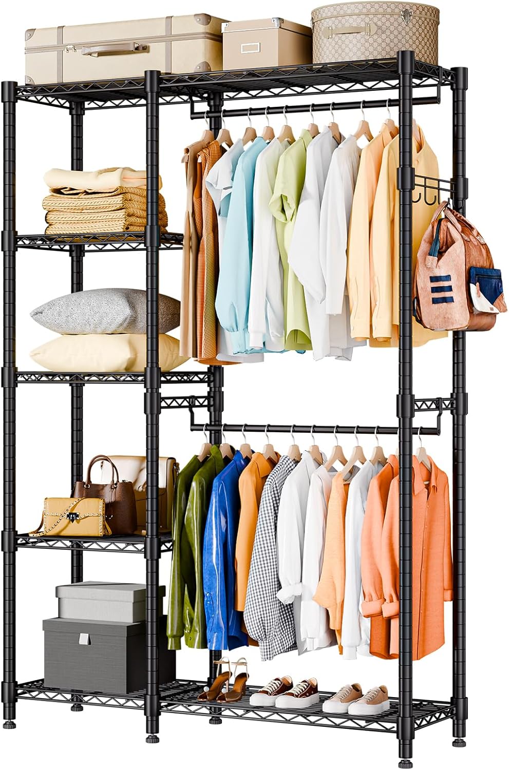 Himimi Kleiderständer Stabil, Kleiderschrank Offen mit Doppel-Kleiderstangen & 5 Höhenverstellbaren Regalen, Metall Garderobe Kleiderständer Schwerlast für Schlafzimmer Flur, 114 x 44 x 195cm Schwarz