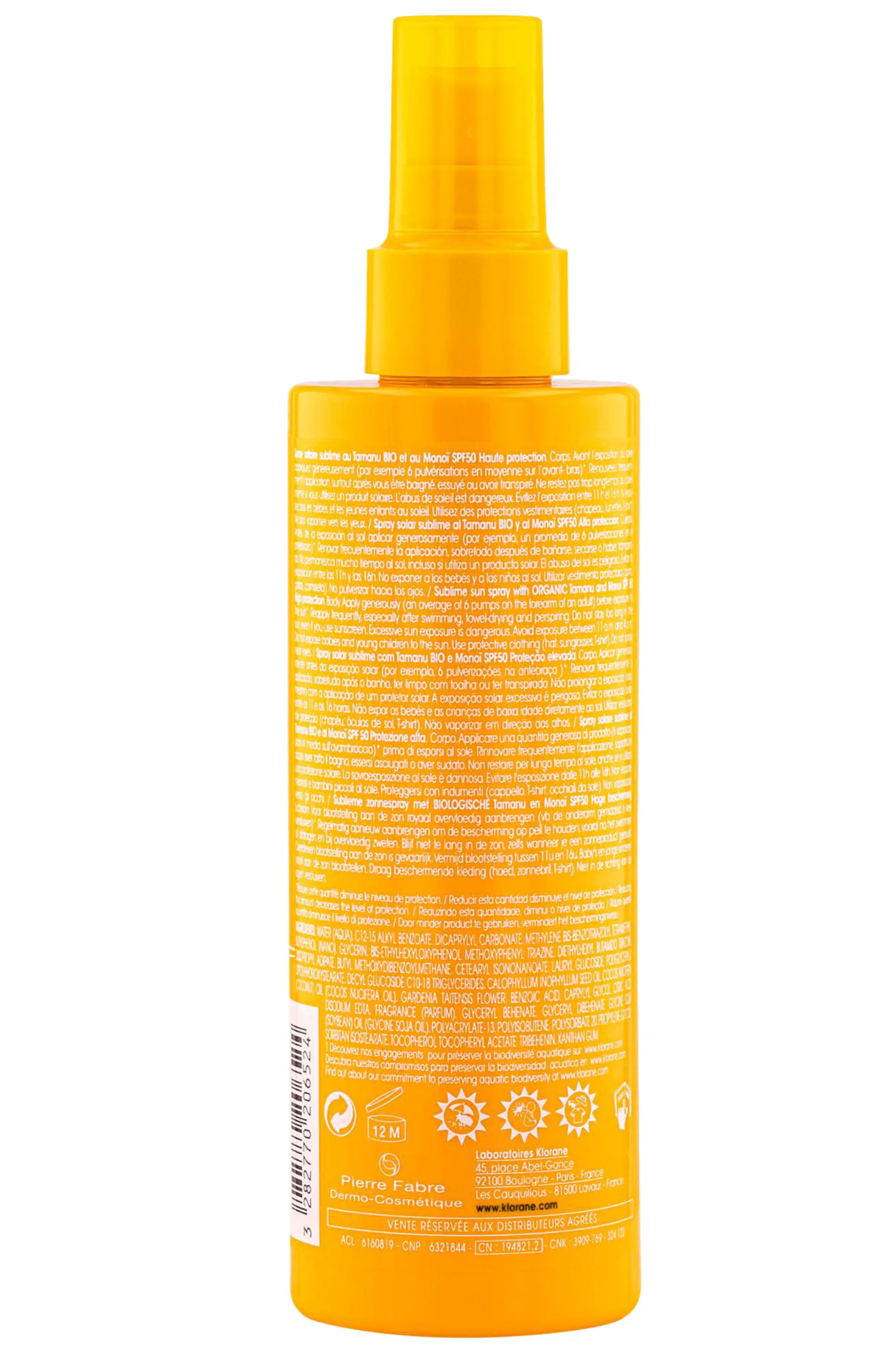 Klorane Spray solaire SPF50 au Tamanu bio et au Monoï-200 ml