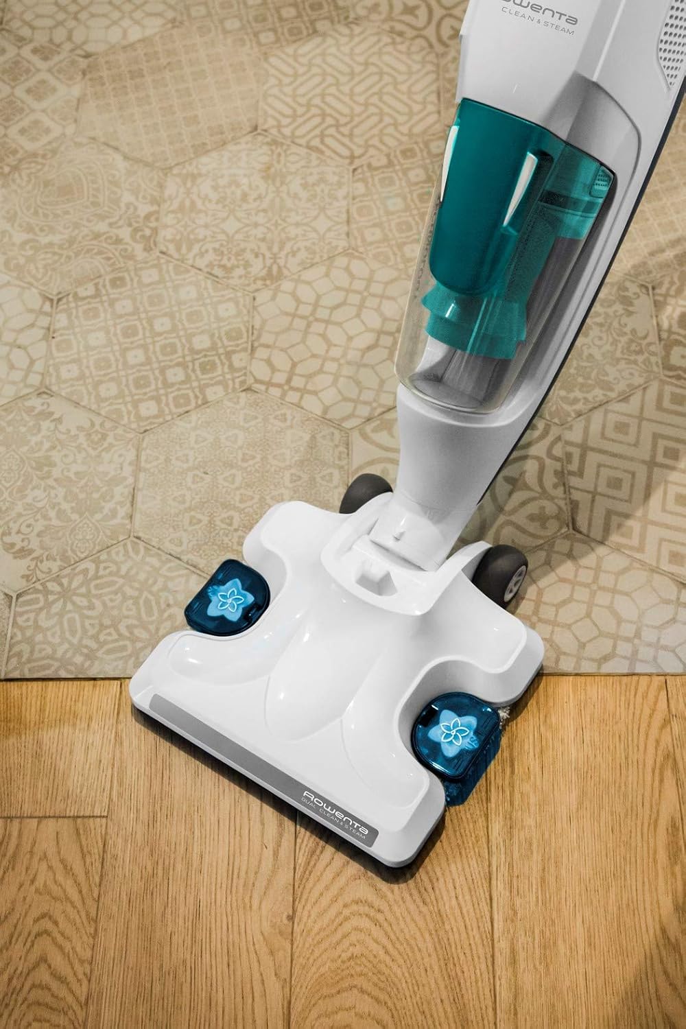 Rowenta Bodendampfreiniger Clean & Steam Revolution, 2 in 1 Reingung Saugen und Dampfen, Diffusor für ätherische Öle, alle Bodenarten, Anti-Kalk-Kartusche, Weiß-Blau, RY7757