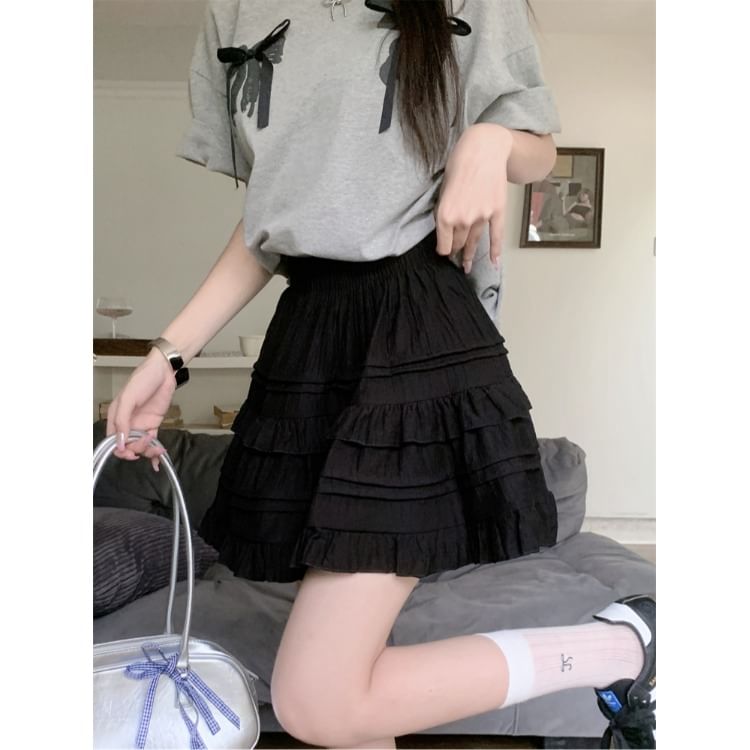 Flowerisque - Hoge taille effen geplooide mini A-lijn rok