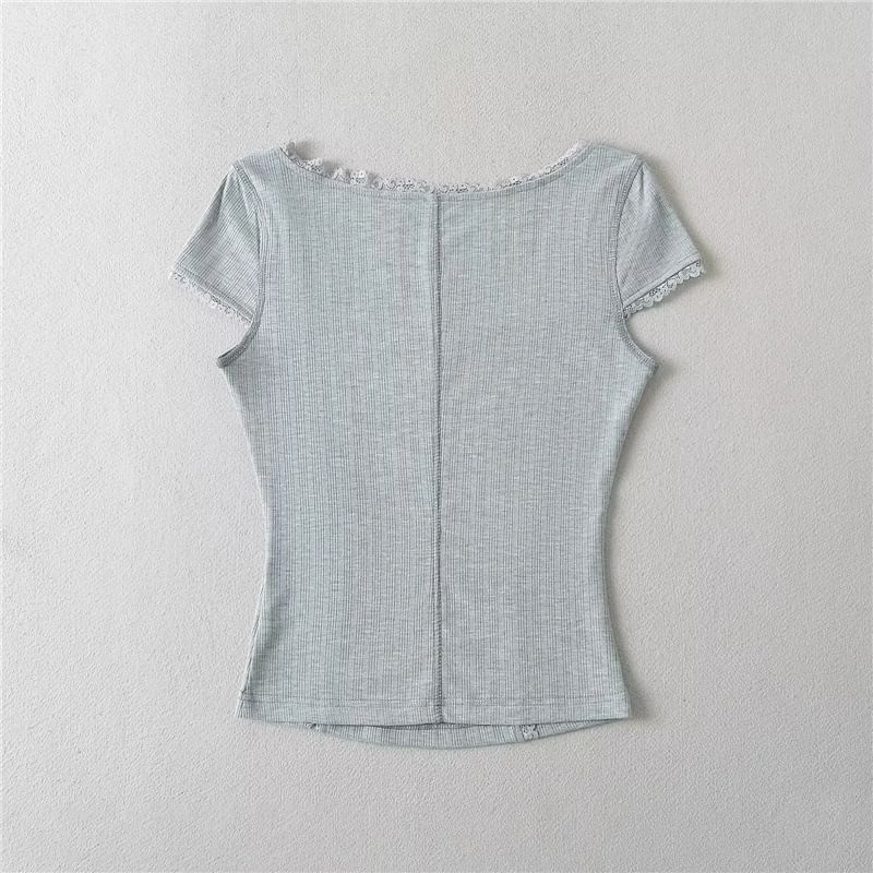 Asiris - T-shirt met korte mouwen, vierkante hals, effen kant en strik