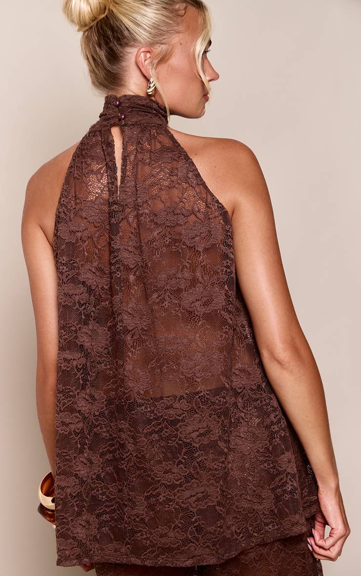 Marron Top Col Montant Sans Manches En Dentelle Transparente Coordonné
