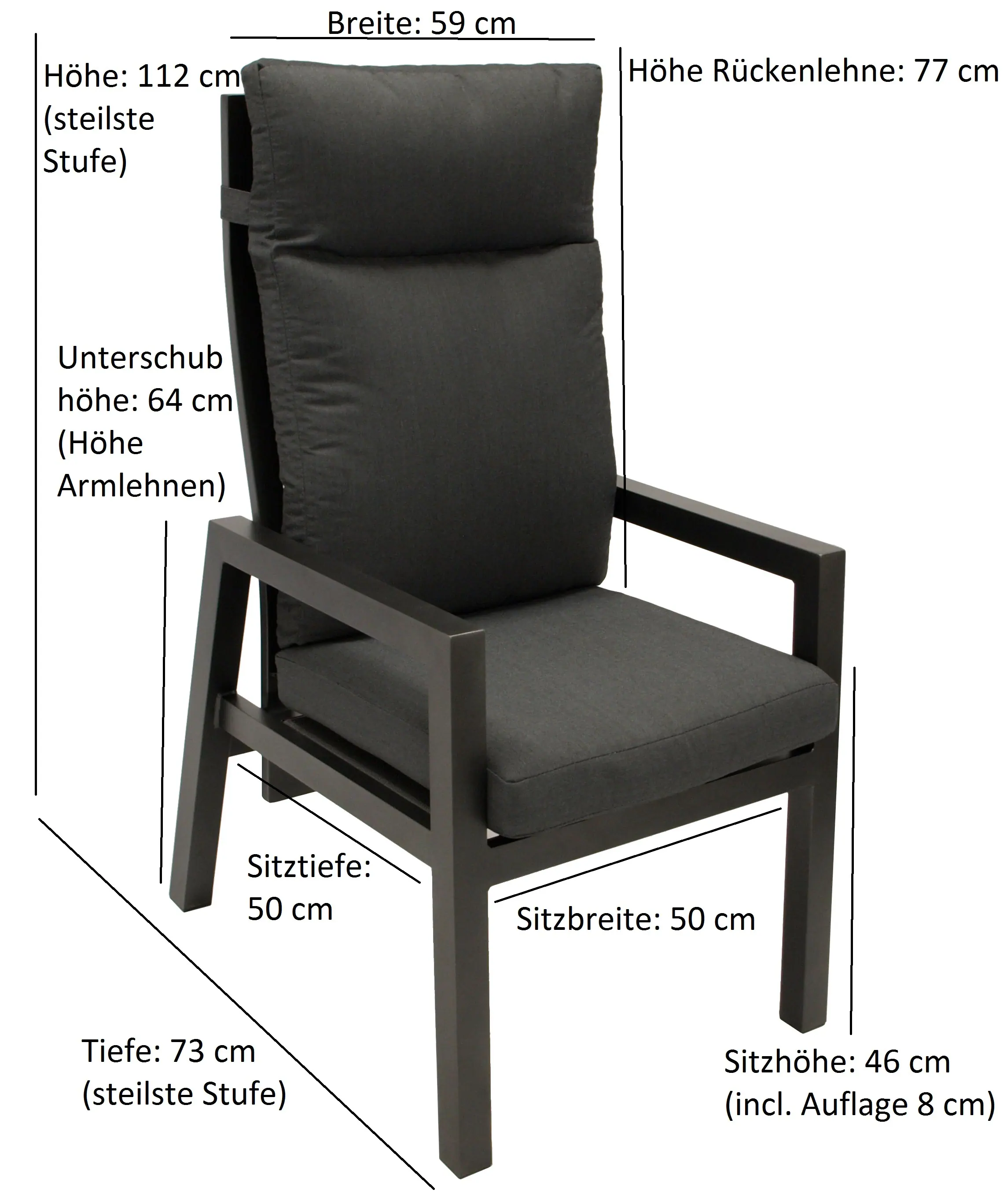 DEGAMO Sessel MANCIANO Hochlehner, Aluminium dunkelgrau mit Polster, stufenlos verstellbar, 2 Stück