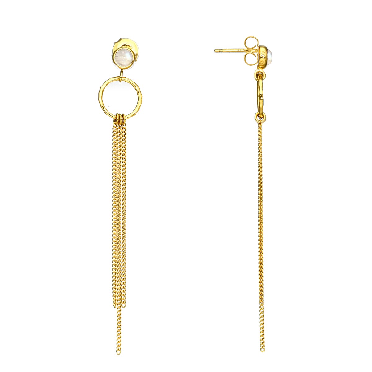 Boucles D'oreilles Argent Dorée Chaines Pendantes Et Pierre De Lune Blanche