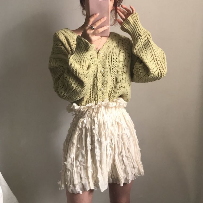 monroll - V-hals pointelle gebreide cardigan