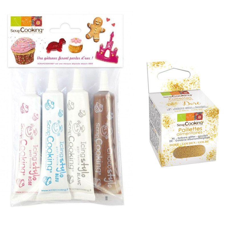4 stylos de glaçage blanc, rose, bleu, chocolat + paillettes dorées Sc