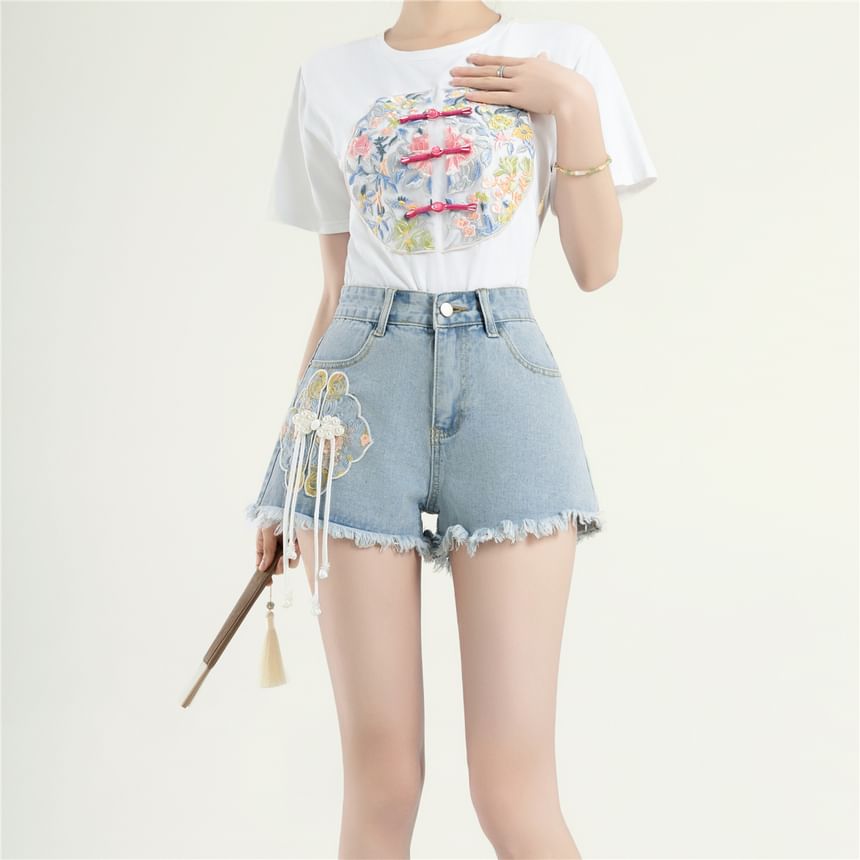 Dragan Pulse - Gewassen denim shorts met hoge taille en borduurwerk