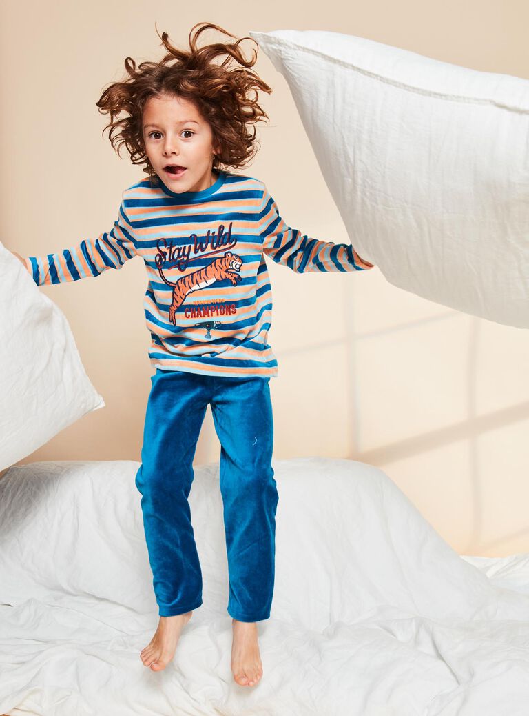 Ensemble pyjama bleu foncé en velours à rayures avec tigre