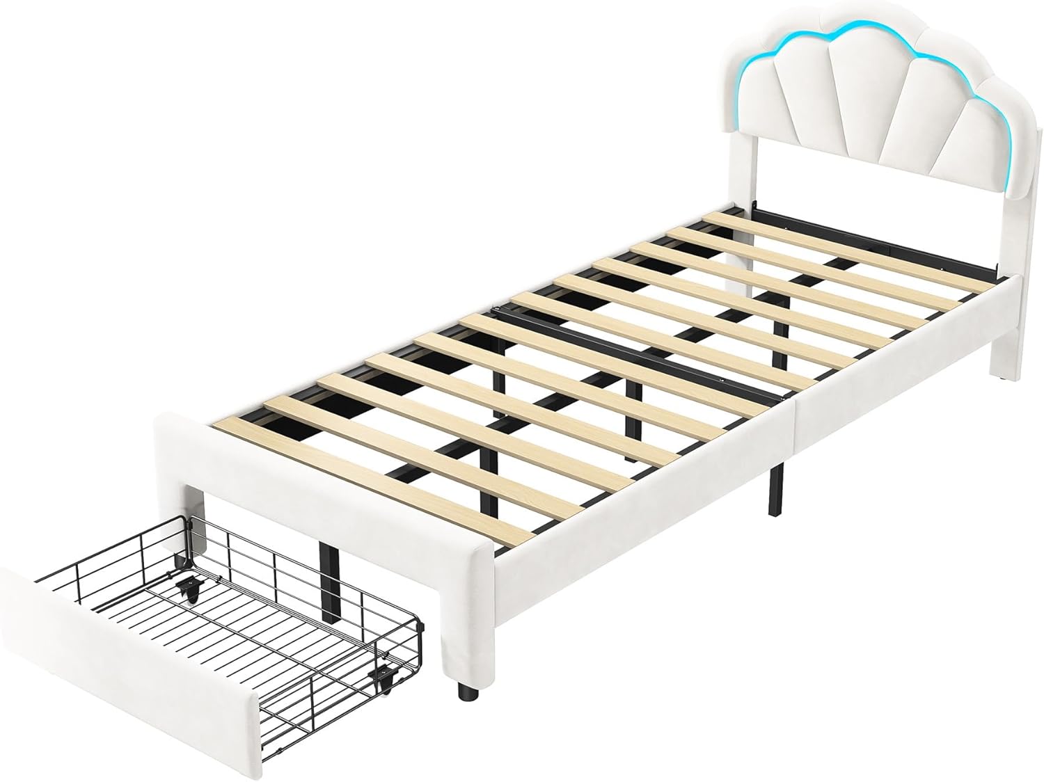 Einzelbett Kinderbett 90x200cm, Polsterbett mit LED-Beleuchtung & Schubladen, Prinzessinnenbett Mädchenbett mit Blumenkopfteil, Samtstoff, Weiß,Ohne Matratze(Beige-Blumen+LED)